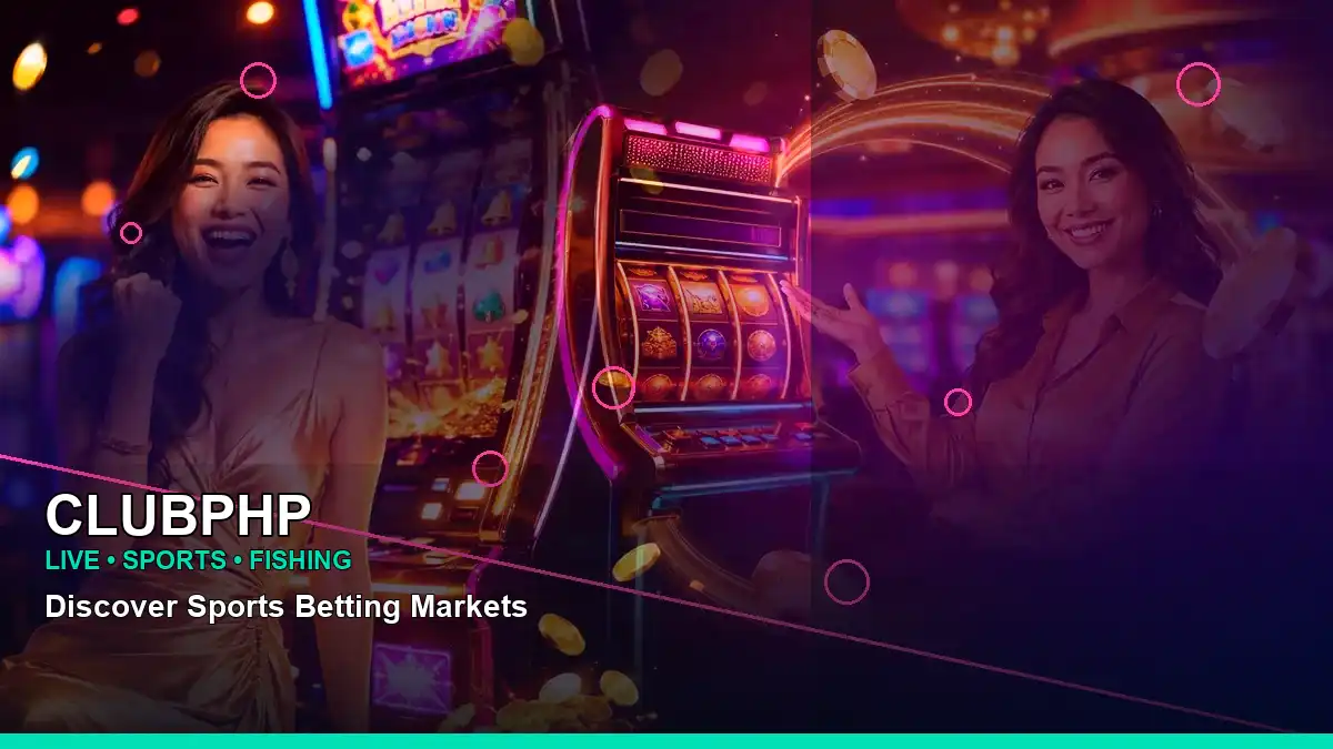 CLUBPHP neon slot-game artwork with an adult female casino host in a left-side close-up composition