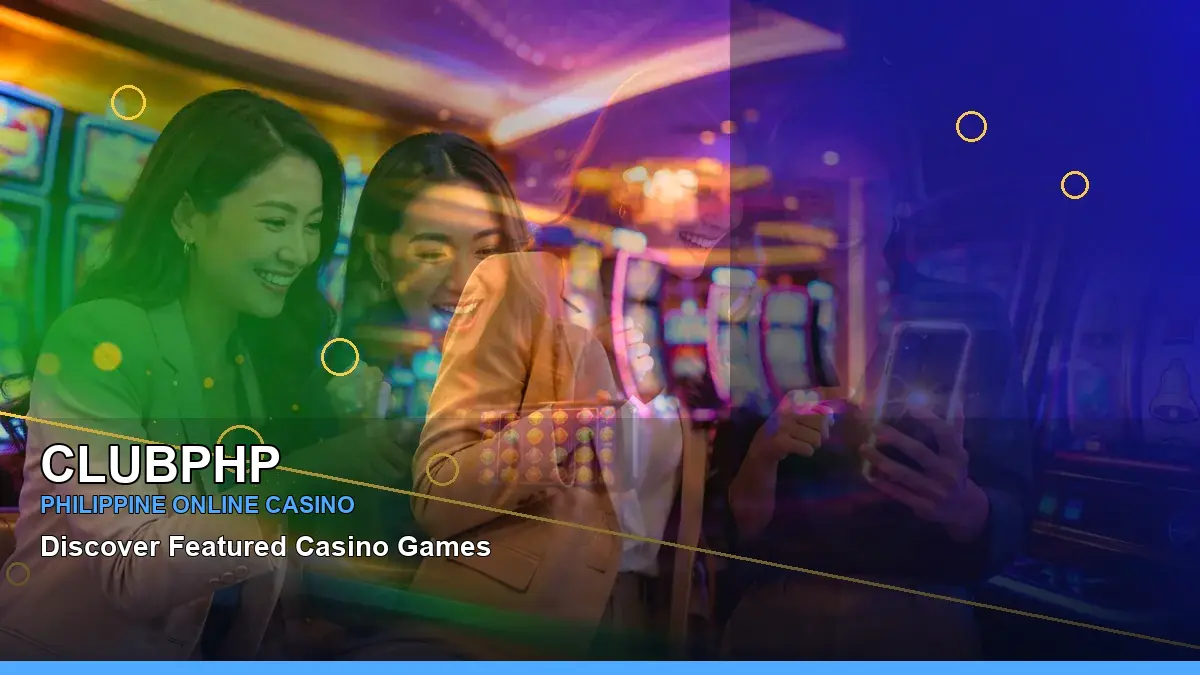 CLUBPHP Philippines casino guide featuring right-diagonal coin imagery, cashback information, and an adult casino host