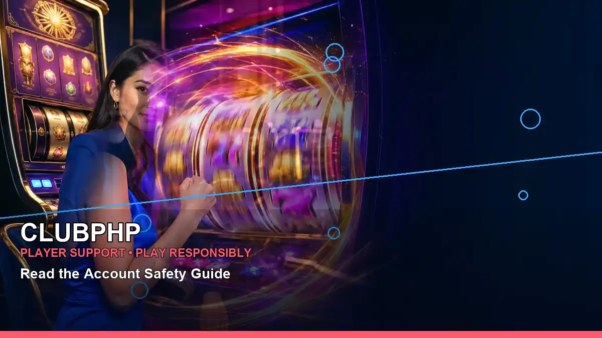 CLUBPHP Treasure Mine information for Philippine users, shown in a mobile casino scene with a close-up smartphone experience